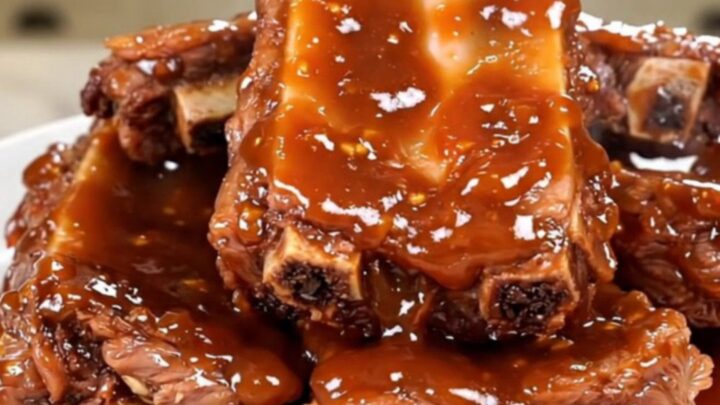 A top-down view of glossy sweet chili country-style ribs served on a white plate.