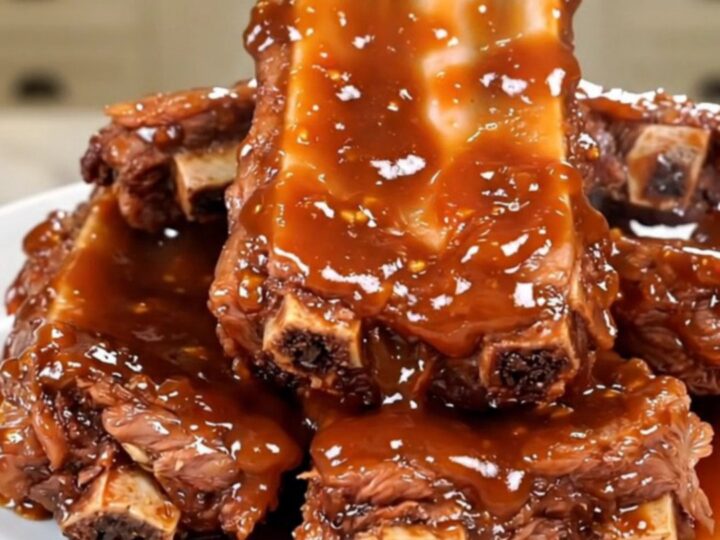 A top-down view of glossy sweet chili country-style ribs served on a white plate.