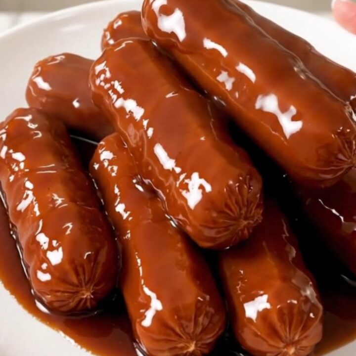 A top-down view of raw cocktail sausages, brown sugar, onion powder, and barbecue sauce in a slow cooker.