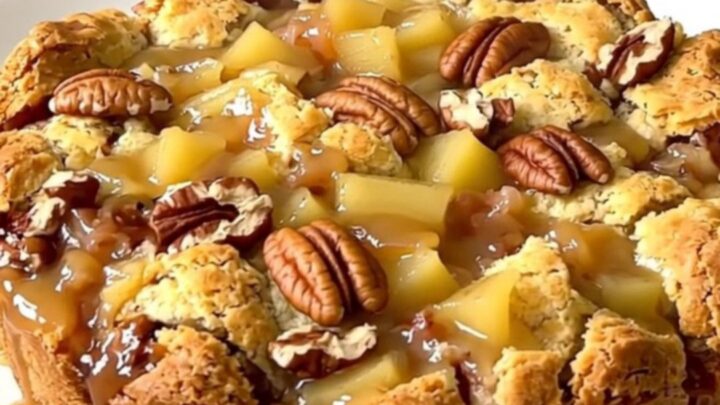 A warm, golden-crusted apple cobbler with pecans in a slow cooker, viewed from above.