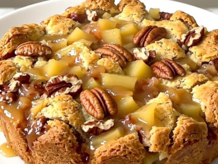 A warm, golden-crusted apple cobbler with pecans in a slow cooker, viewed from above.