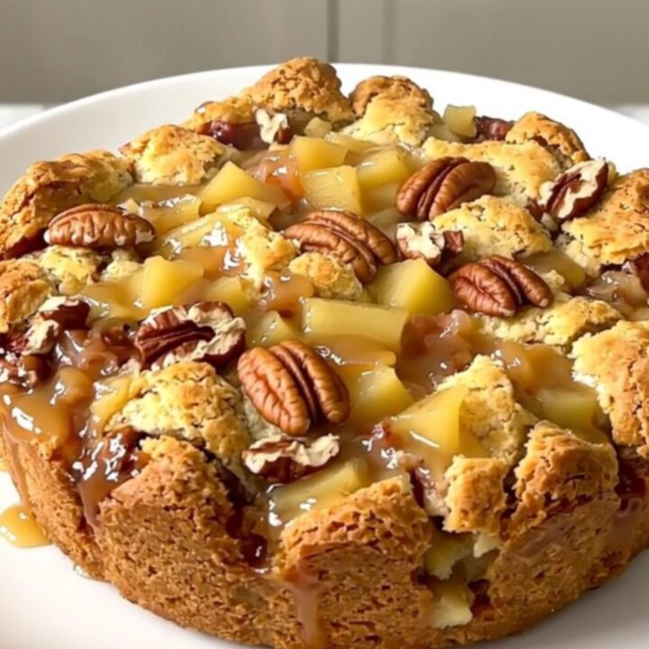 A warm, golden-crusted apple cobbler with pecans in a slow cooker, viewed from above.