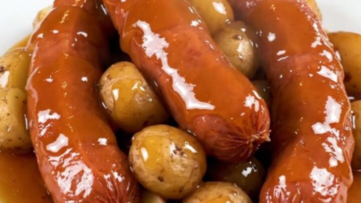 Slow cooker filled with sliced kielbasa and halved red potatoes coated in a glossy honey garlic sauce.