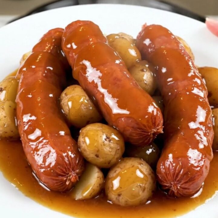 Slow cooker filled with sliced kielbasa and halved red potatoes coated in a glossy honey garlic sauce.