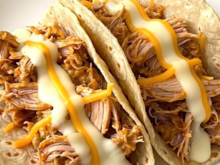A close-up of shredded creamy pepper jack chicken inside a warm flour tortilla on a white plate.
