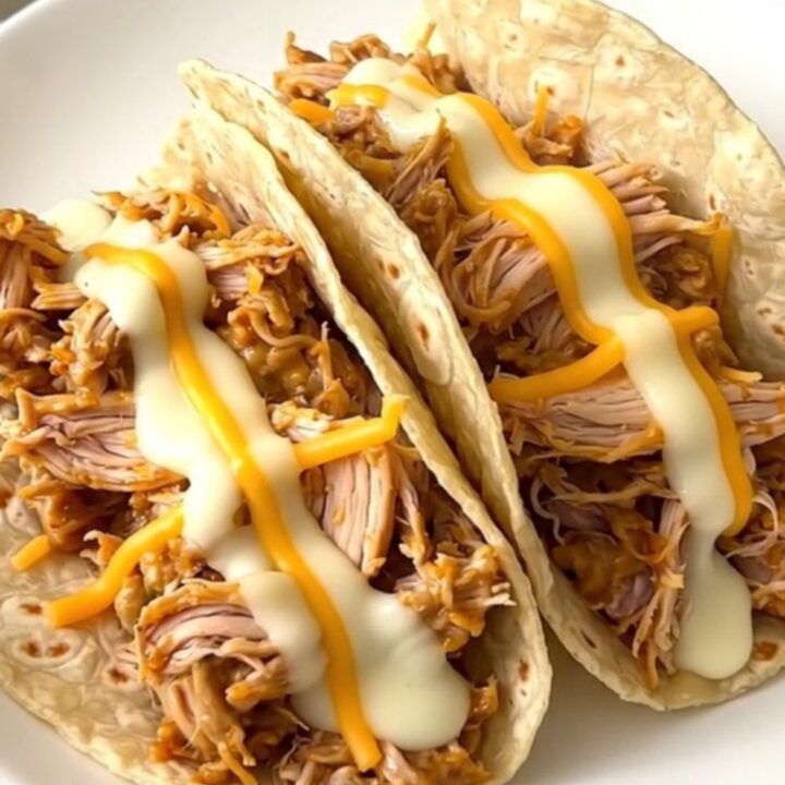 A close-up of shredded creamy pepper jack chicken inside a warm flour tortilla on a white plate.