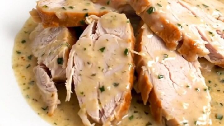 A close-up view of creamy garlic parmesan turkey tenderloins in a slow cooker.