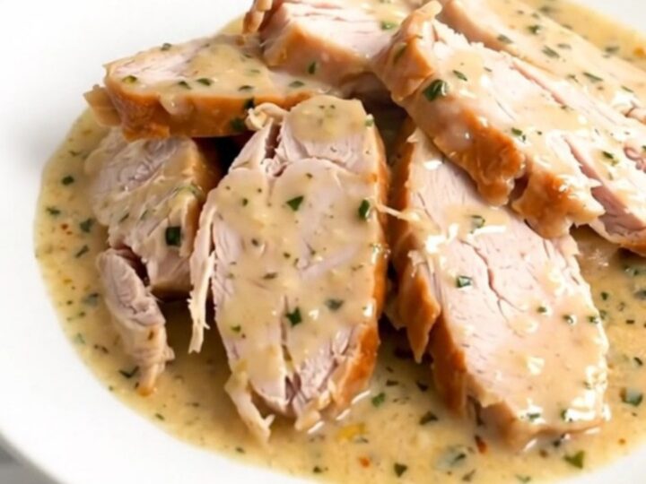 A close-up view of creamy garlic parmesan turkey tenderloins in a slow cooker.