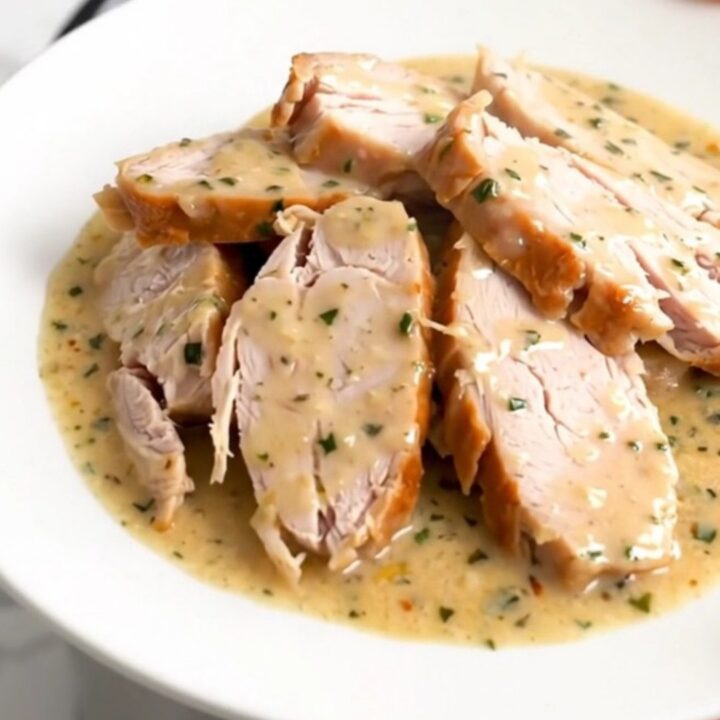 A close-up view of creamy garlic parmesan turkey tenderloins in a slow cooker.
