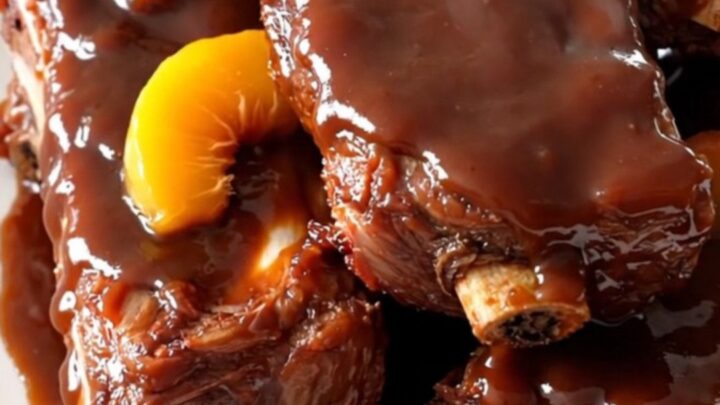 Slow cooked peach barbecue ribs served on a white plate with a glossy glaze.