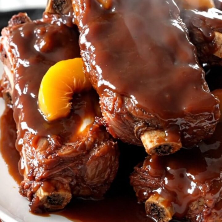 Slow cooked peach barbecue ribs served on a white plate with a glossy glaze.