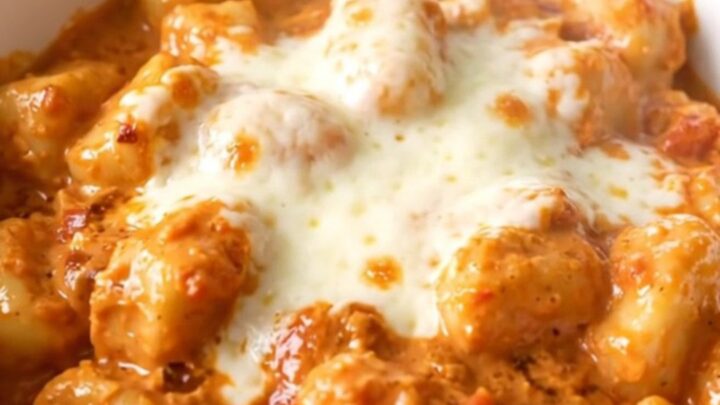 A white bowl filled with creamy tomato basil gnocchi topped with melted mozzarella cheese.