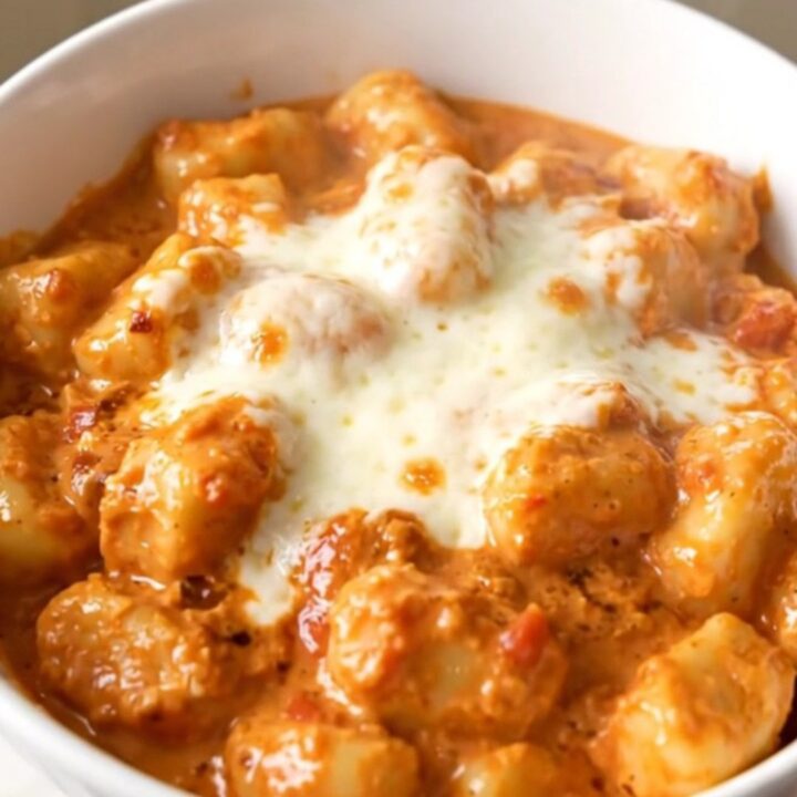 A white bowl filled with creamy tomato basil gnocchi topped with melted mozzarella cheese.