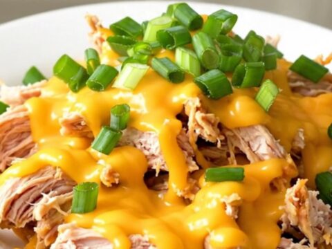 Slow cooker chicken breasts topped with creamy cheddar sauce and fresh green onions.