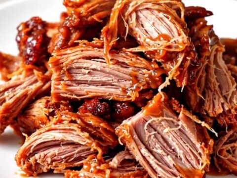 A close-up of glossy, shredded char siu pulled pork served on a white plate.
