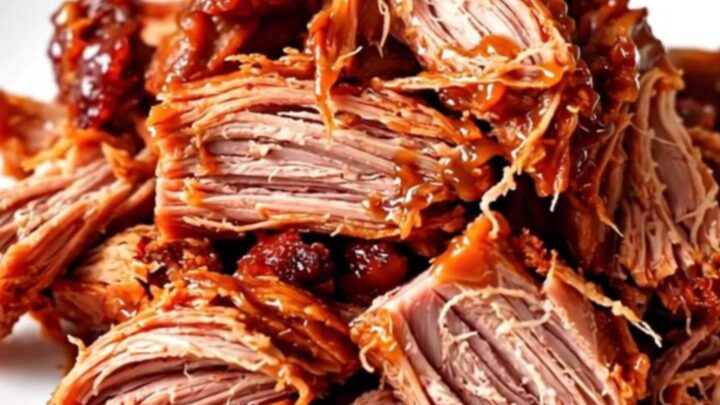 A close-up of glossy, shredded char siu pulled pork served on a white plate.
