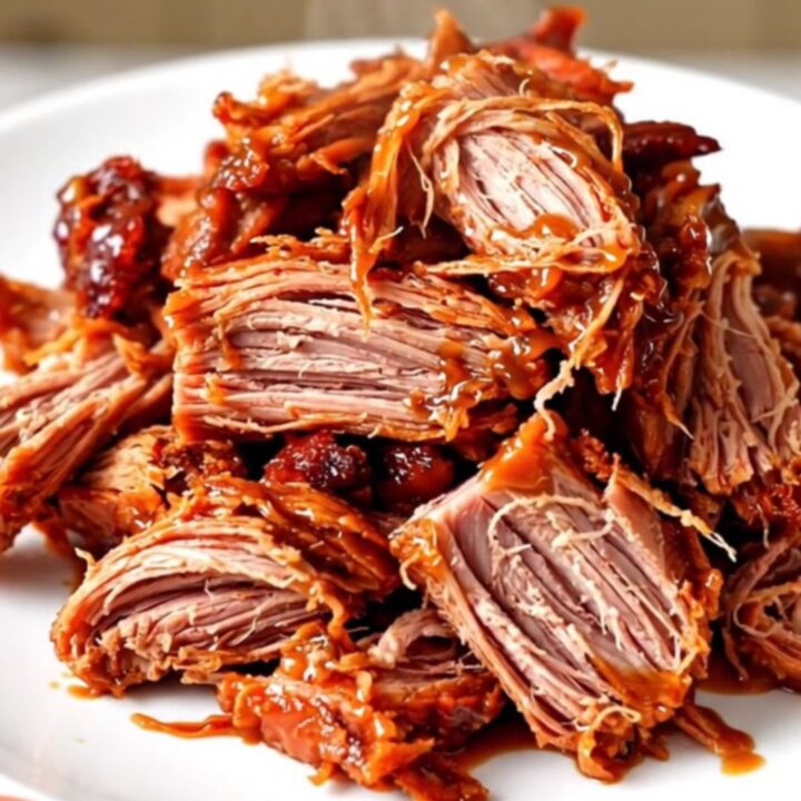 A close-up of glossy, shredded char siu pulled pork served on a white plate.