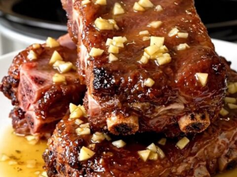 Slow cooker country-style ribs served on a white plate with visible garlic herb butter sauce.