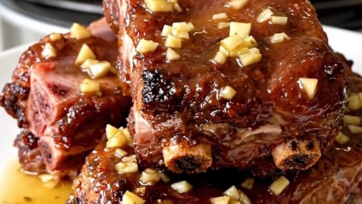 Slow cooker country-style ribs served on a white plate with visible garlic herb butter sauce.