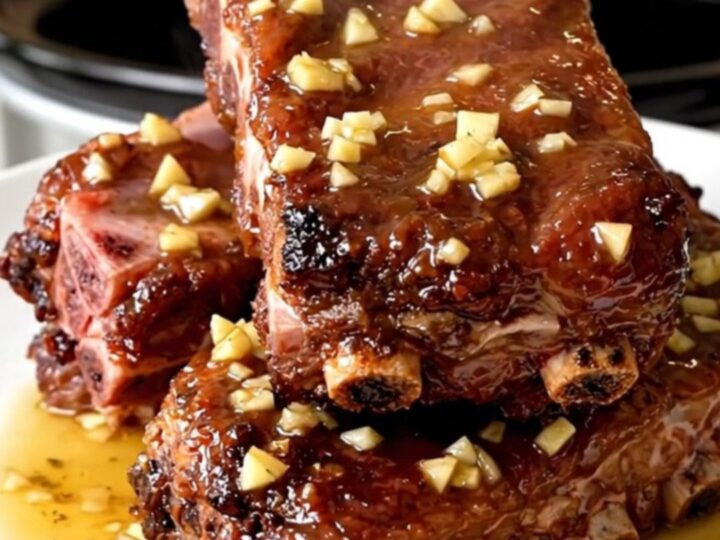 Slow cooker country-style ribs served on a white plate with visible garlic herb butter sauce.