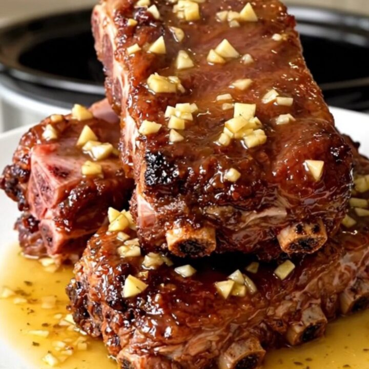 Slow cooker country-style ribs served on a white plate with visible garlic herb butter sauce.
