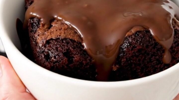 A close-up of a bowl filled with warm, gooey chocolate cobbler showing the rich fudge sauce.