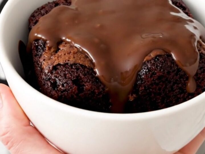 A close-up of a bowl filled with warm, gooey chocolate cobbler showing the rich fudge sauce.