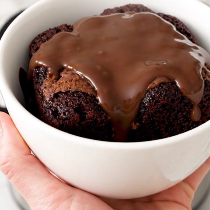 A close-up of a bowl filled with warm, gooey chocolate cobbler showing the rich fudge sauce.