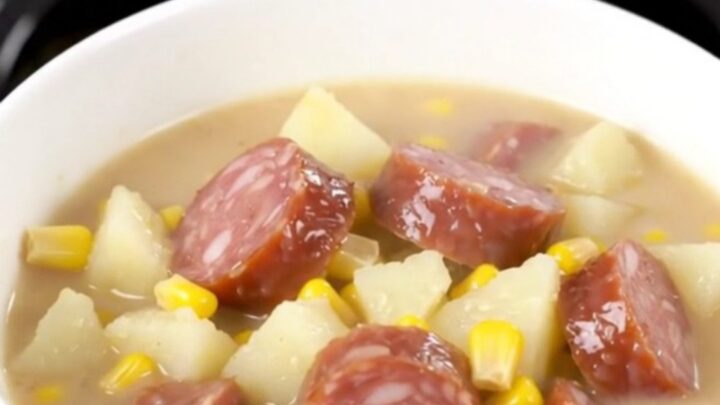 A rustic black slow cooker filled with a creamy smoked sausage and potato chowder, ready to be served.