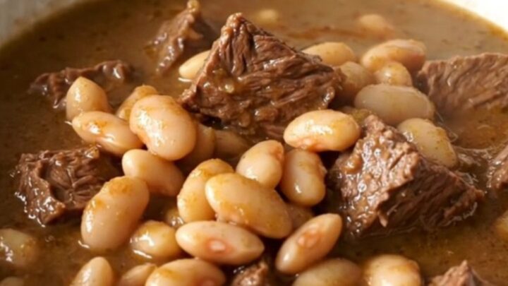 A steaming bowl of Italian beef and white bean stew on a table.