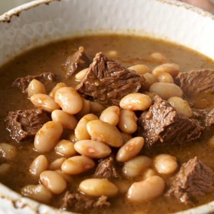 A steaming bowl of Italian beef and white bean stew on a table.