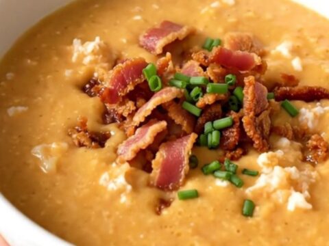A steaming bowl of creamy potato and apple chowder topped with crispy bacon crumbles on a white surface.