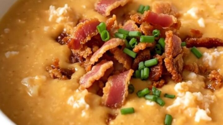 A steaming bowl of creamy potato and apple chowder topped with crispy bacon crumbles on a white surface.