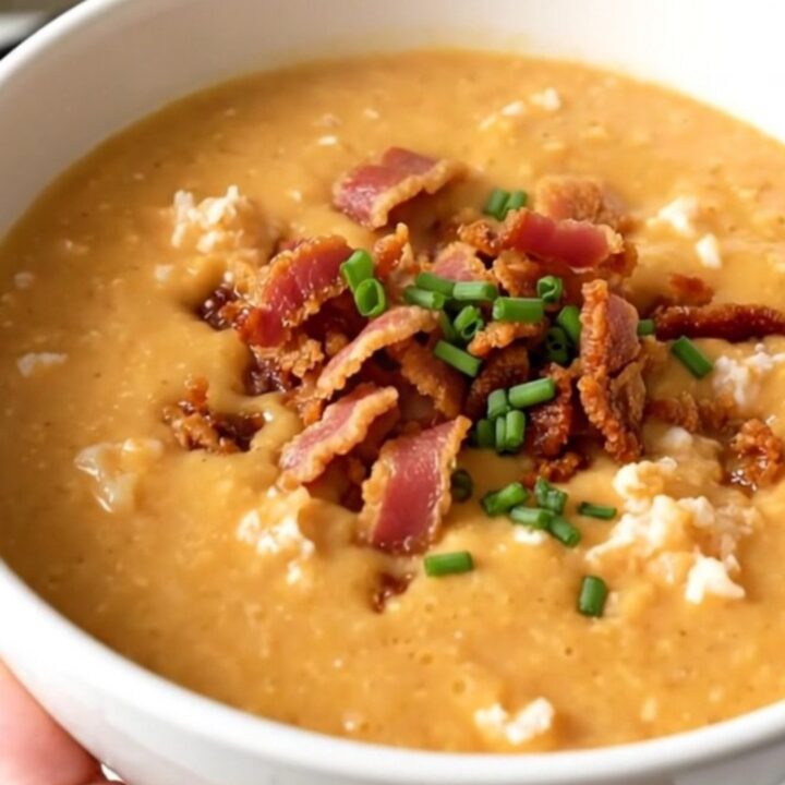 A steaming bowl of creamy potato and apple chowder topped with crispy bacon crumbles on a white surface.