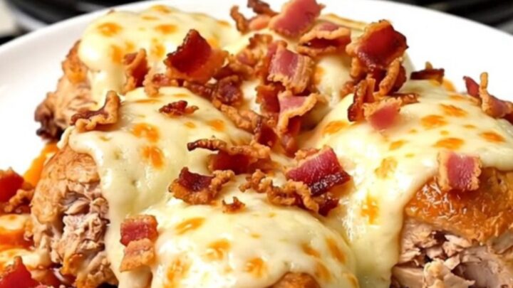 A top-down view of chicken breasts, bacon, and barbecue sauce inside a slow cooker.