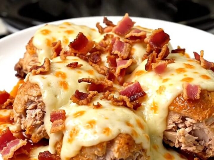 A top-down view of chicken breasts, bacon, and barbecue sauce inside a slow cooker.