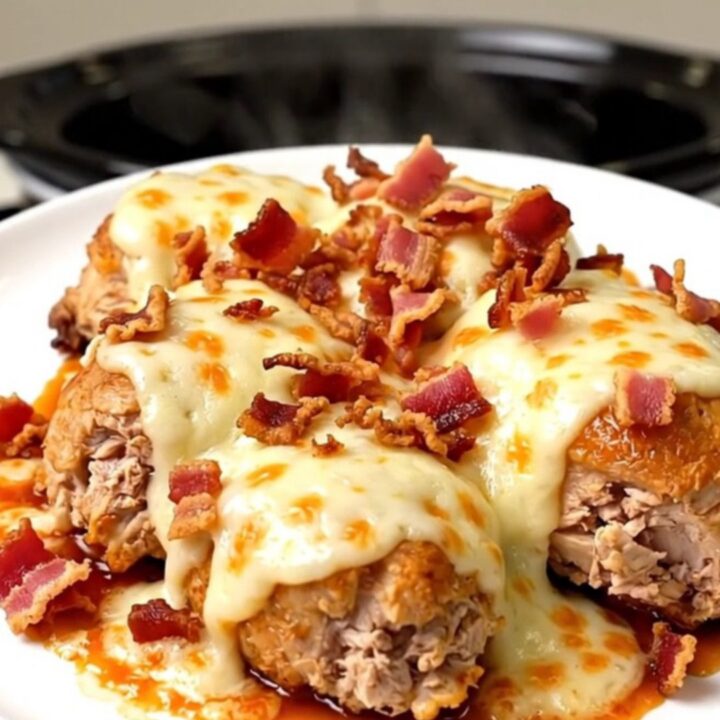 A top-down view of chicken breasts, bacon, and barbecue sauce inside a slow cooker.