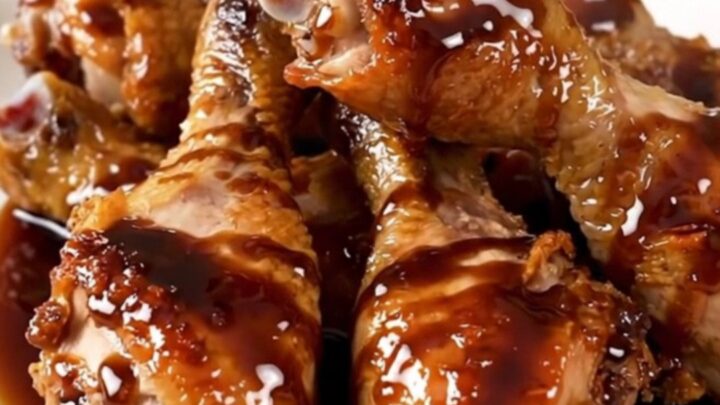 A plate of glossy, dark balsamic glazed chicken drumsticks with tender baby carrots.