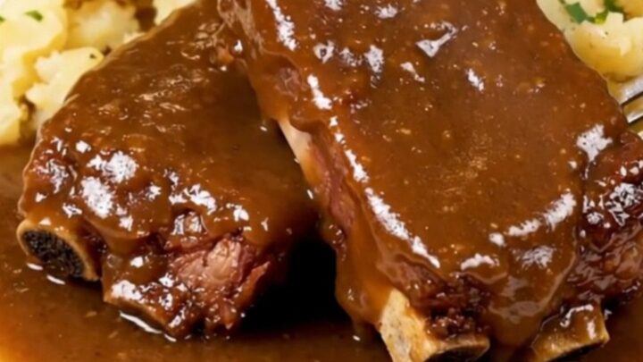A close-up of tender country-style pork ribs and baby potatoes covered in a rich brown gravy on a white plate.