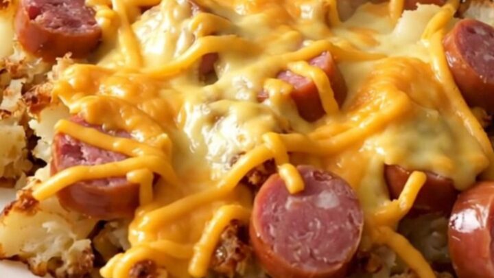 A steaming bowl of slow cooker bratwurst and potato casserole topped with melted cheddar cheese.