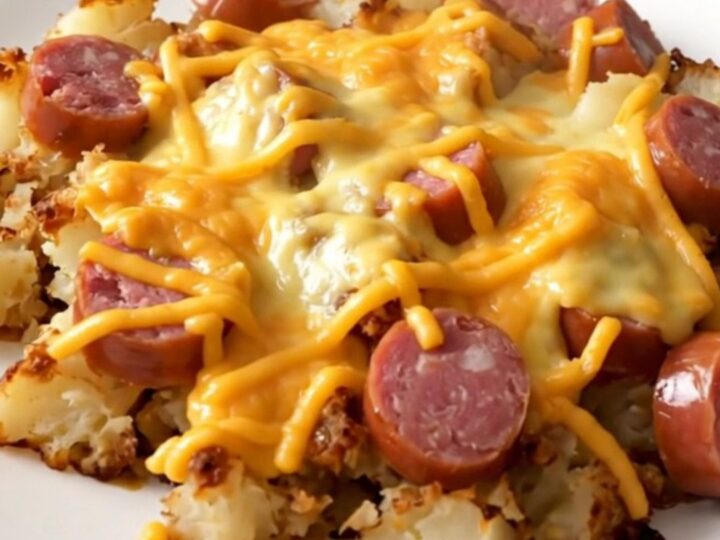 A steaming bowl of slow cooker bratwurst and potato casserole topped with melted cheddar cheese.