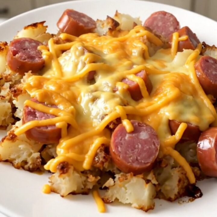 A steaming bowl of slow cooker bratwurst and potato casserole topped with melted cheddar cheese.