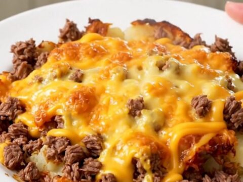 A steaming, glossy cheesy beef and potato casserole served on a white plate, captured in a close-up shot.