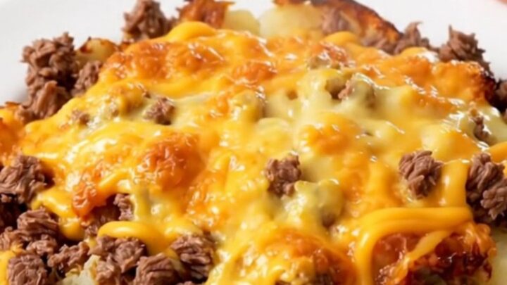 A steaming, glossy cheesy beef and potato casserole served on a white plate, captured in a close-up shot.