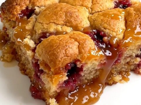A close-up of a warm, golden, and bubbly peach apple cobbler served on a white plate.