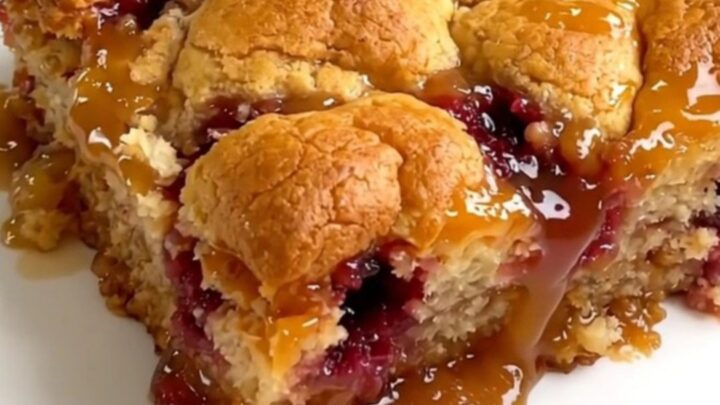 A close-up of a warm, golden, and bubbly peach apple cobbler served on a white plate.