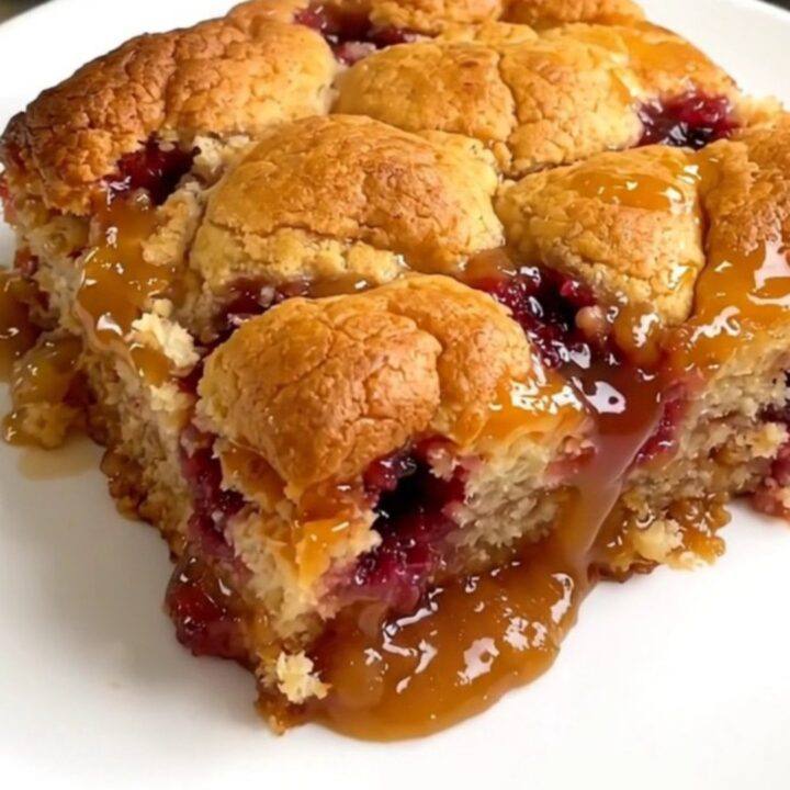 A close-up of a warm, golden, and bubbly peach apple cobbler served on a white plate.