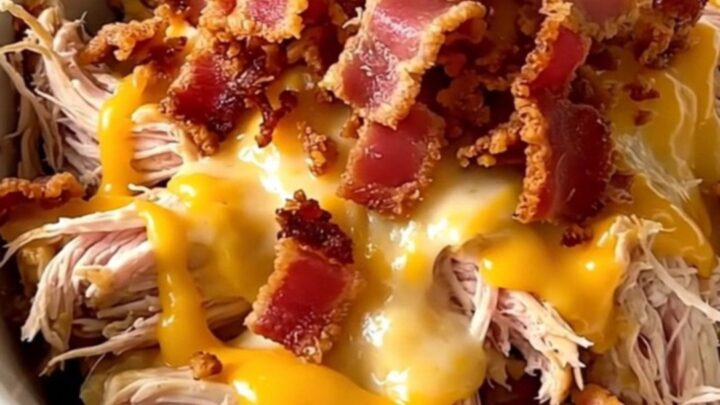 A white bowl filled with creamy shredded chicken, cauliflower florets, and crispy bacon bits.