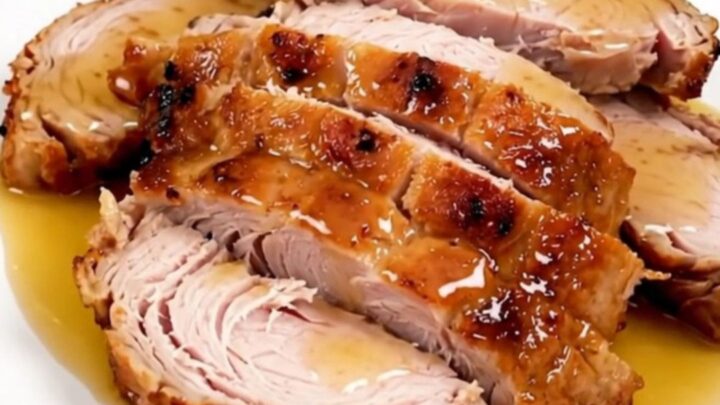 A slow cooker filled with raw turkey tenderloins, honey, and mustard before cooking.