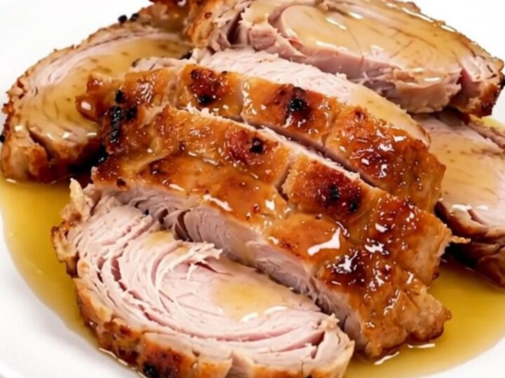 A slow cooker filled with raw turkey tenderloins, honey, and mustard before cooking.